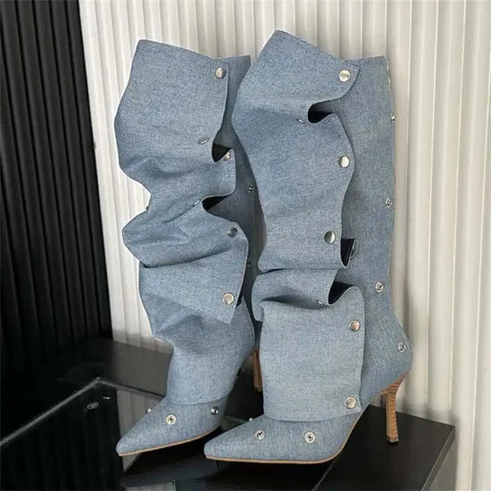 Stylish Women's Denim Boots with knee-high pleated design and pointed toes, featuring thin heels and silver button details.