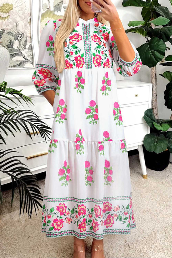 White Floral Mandarin Maxi Dress by FashionFitz featuring pink and red floral prints, mandarin collar, and H-line silhouette for spring occasions.