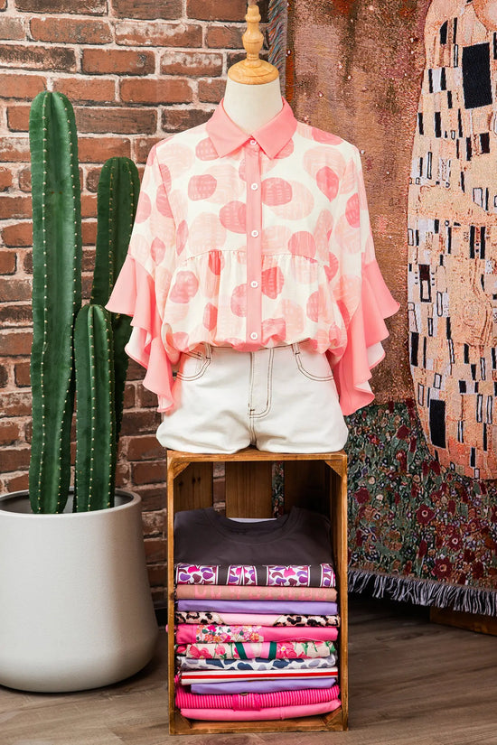 Polka dot ruffle sleeve babydoll shirt button front collar pink shirts
