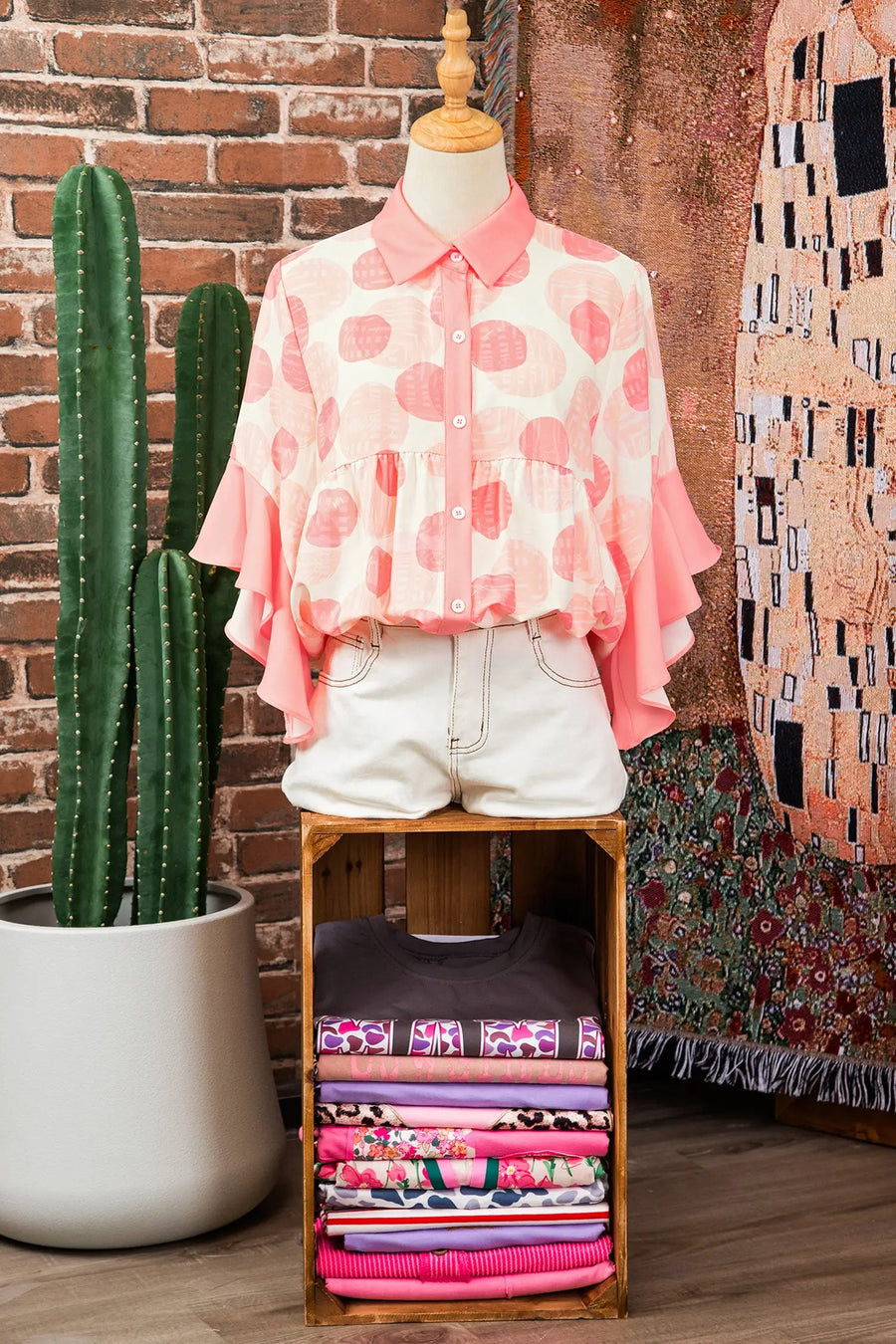 Polka dot ruffle sleeve babydoll shirt button front collar pink shirts