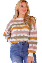 Knitted Loose Sweater - Striped Hollowed