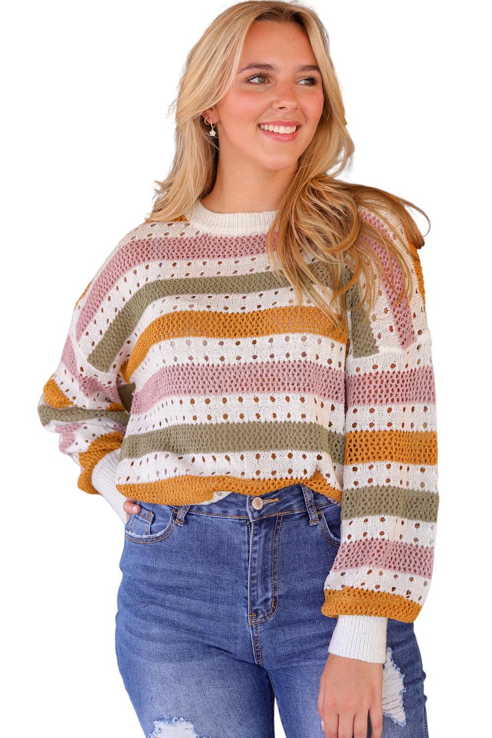 Knitted Loose Sweater - Striped Hollowed