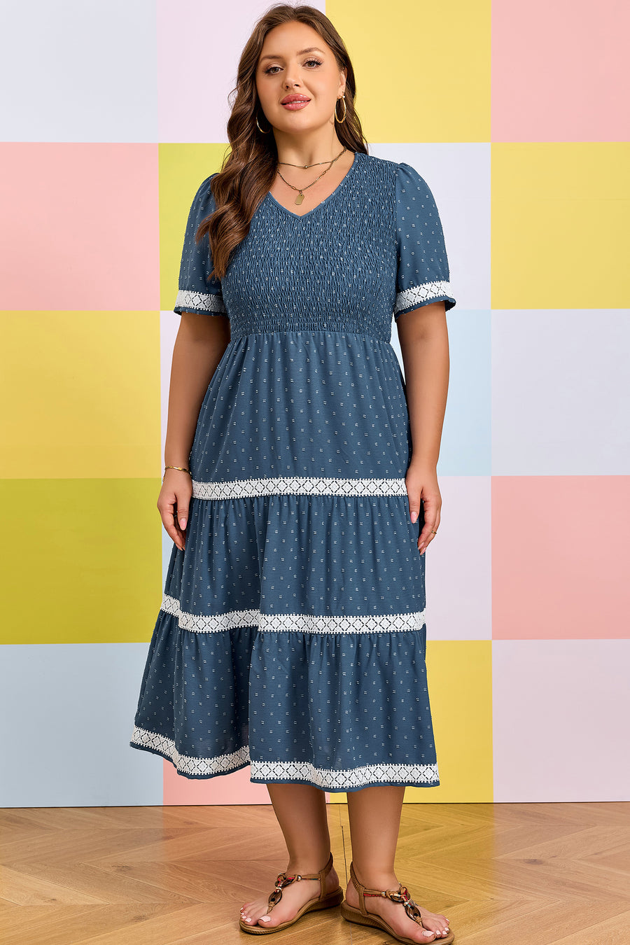 Plus Size Swiss Dot Lace Patchwork Flared Midi Dress Women UK