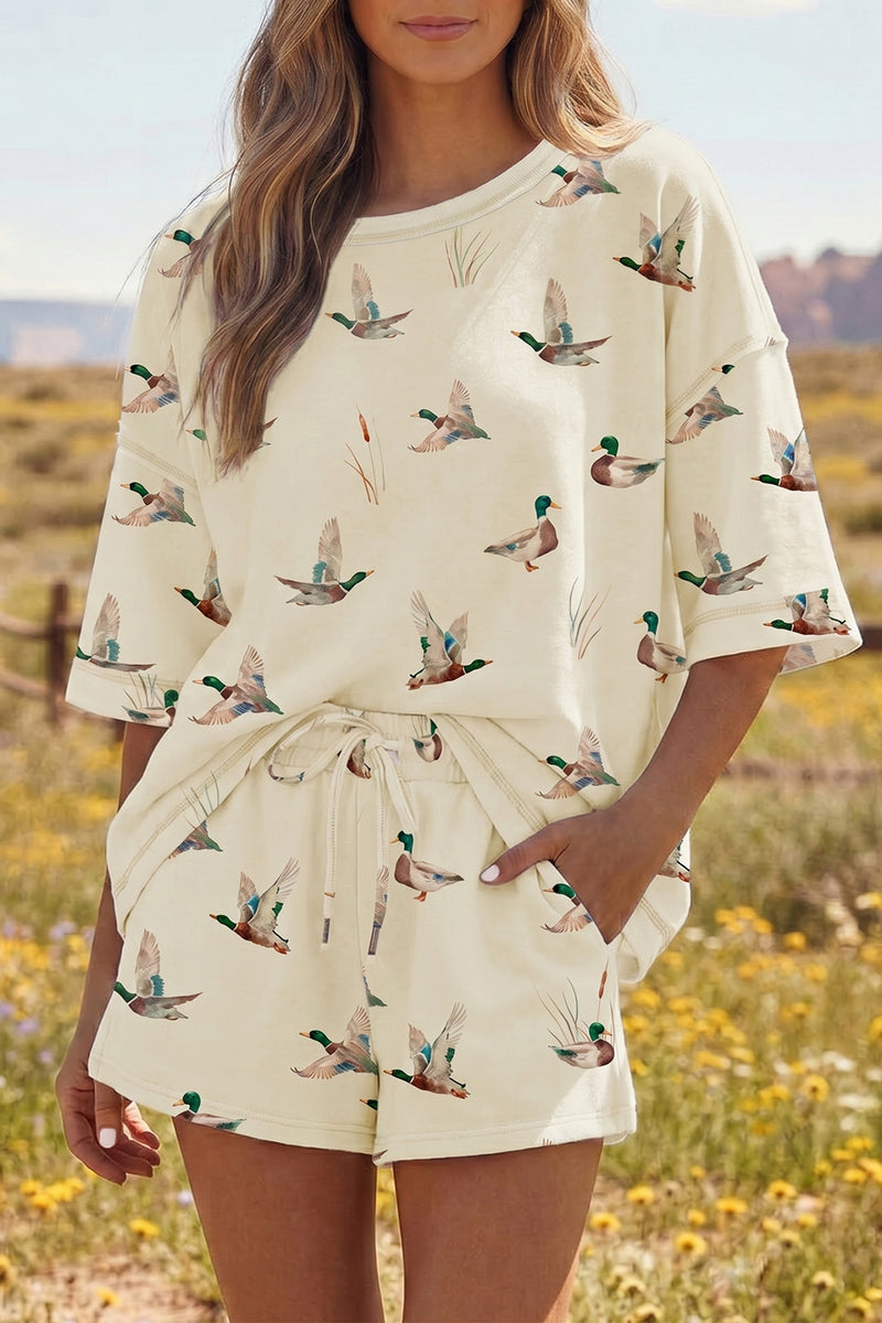 Duck Print Oversized Tee &amp; Drawstring Short Set Women UK