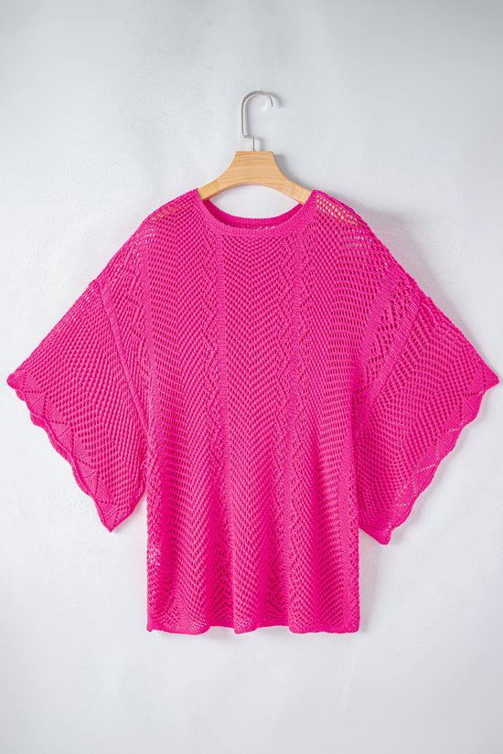 Pink Pointelle Knit Top Women UK | Scalloped Short Sleeve
