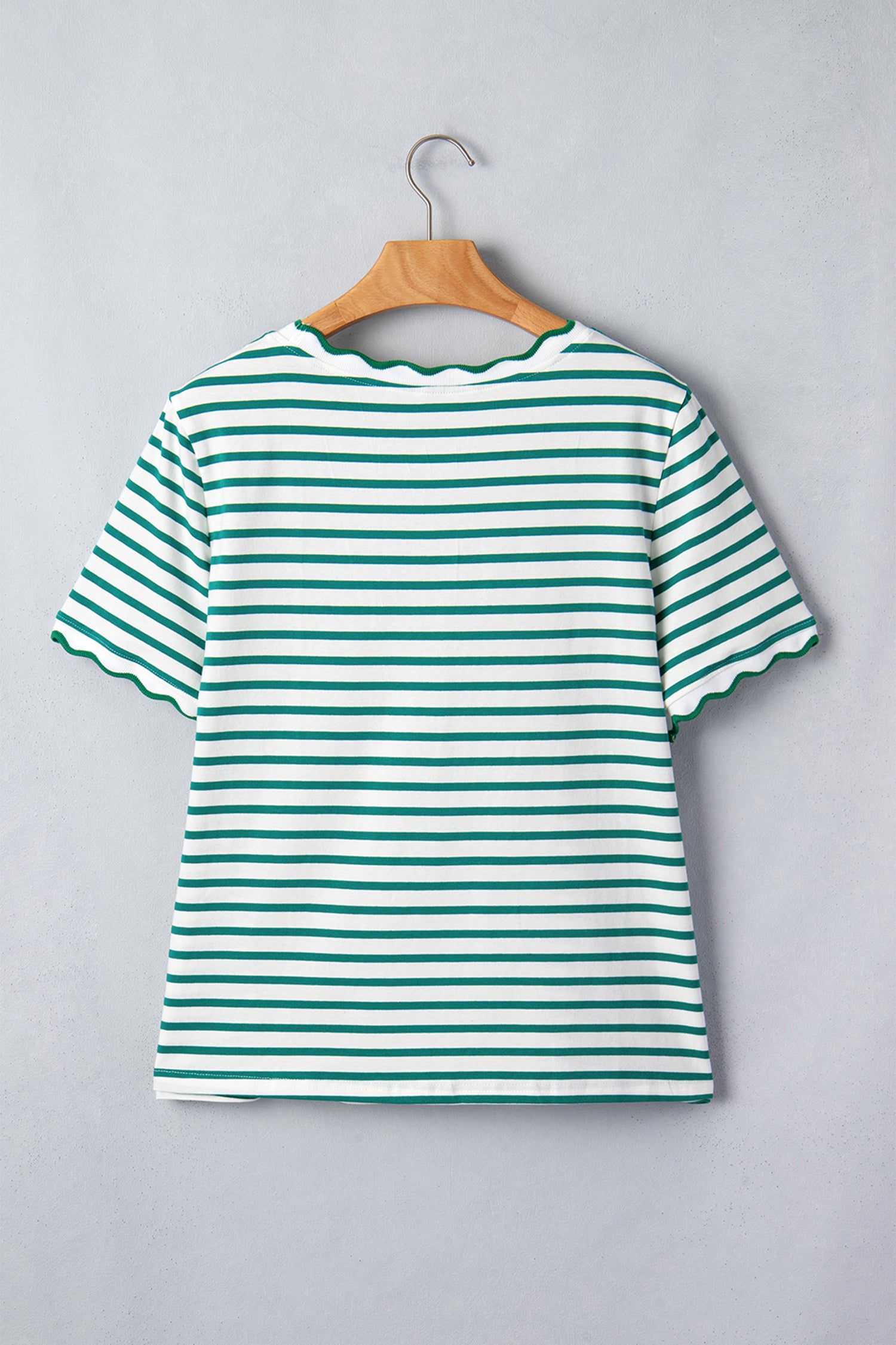 Scalloped Trim Stripe Cotton T-Shirt Round Neck Short Sleeve