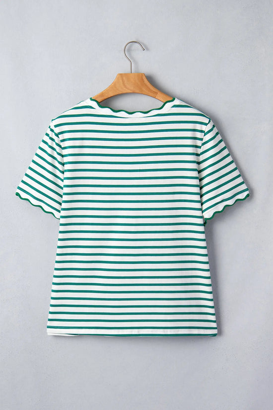Scalloped trim stripe cotton t-shirt round neck short sleeve t-shirts