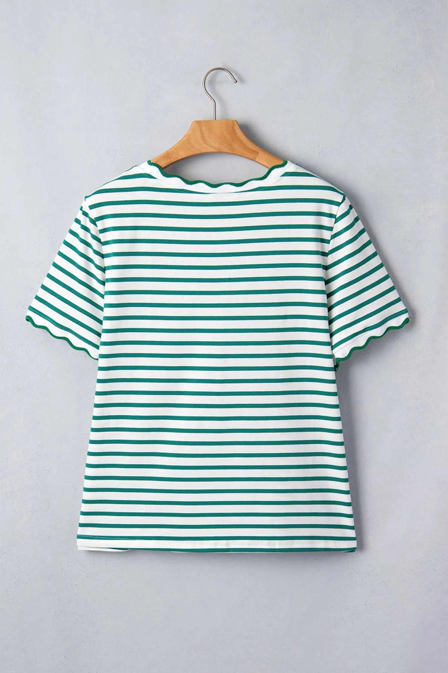 Scalloped trim stripe cotton t-shirt round neck short sleeve t-shirts
