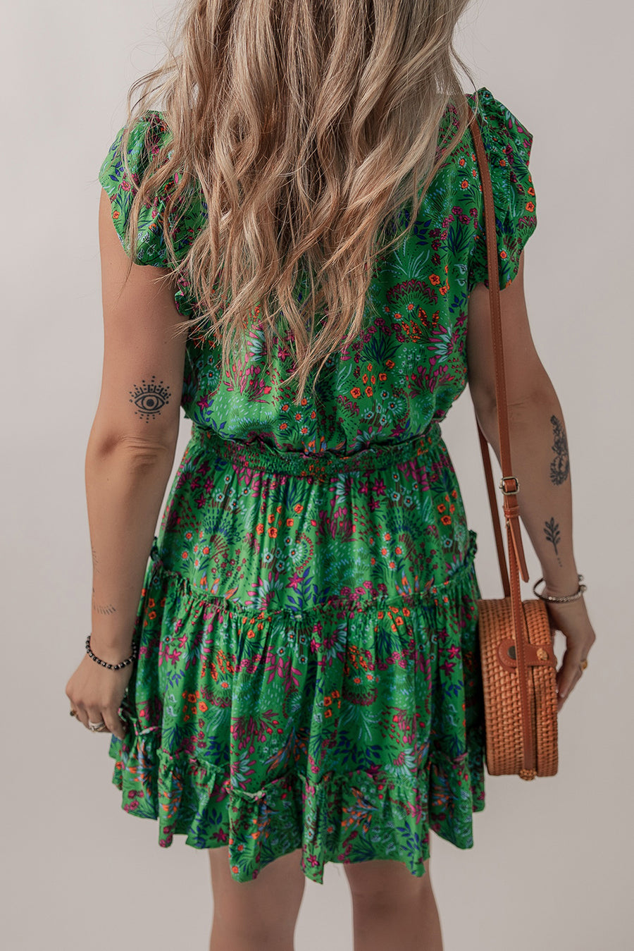 Green Floral Tie Split Neck Ruffle Trim Tiered Dress Women UK