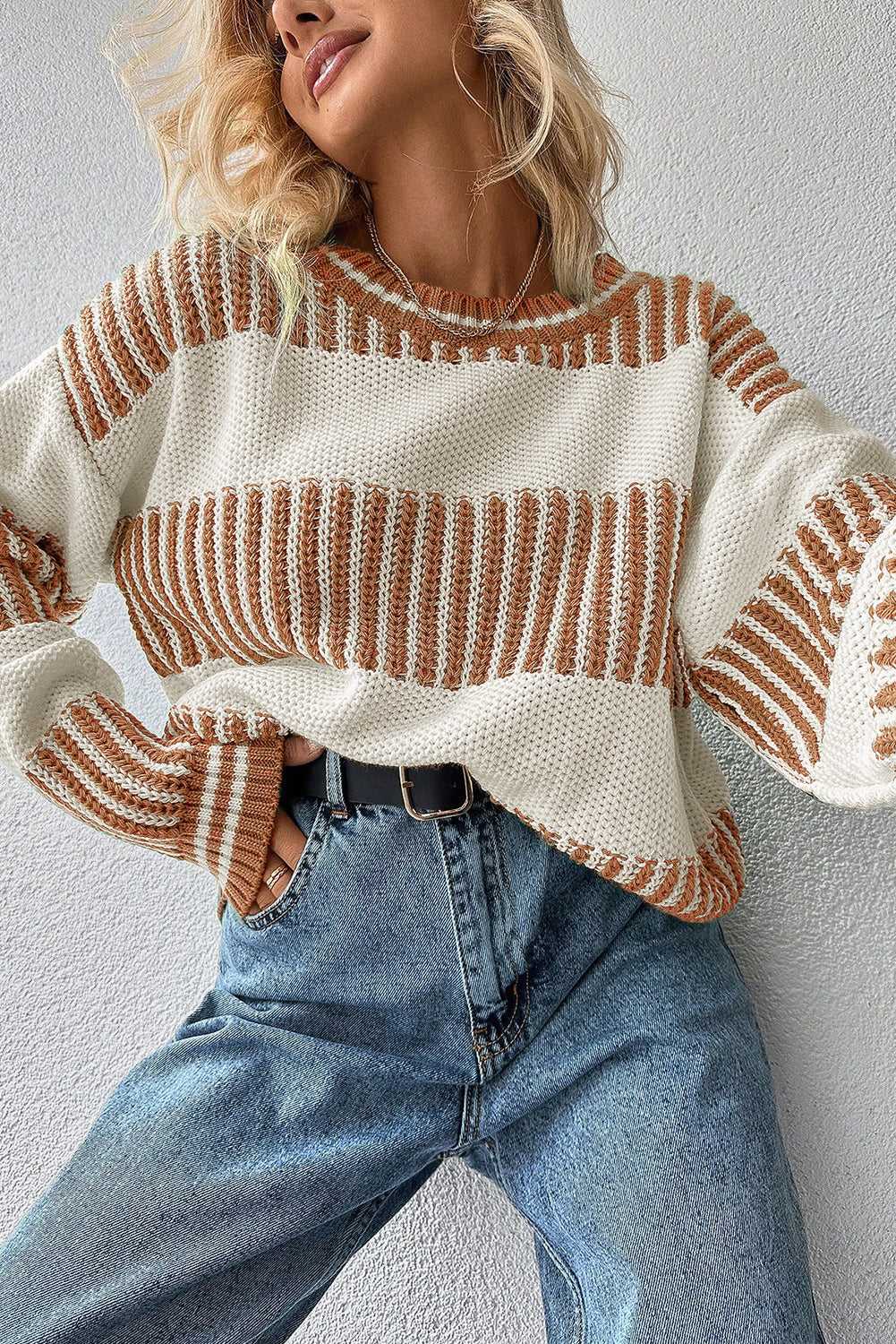 Khaki striped jumper styled for off-duty autumn looks