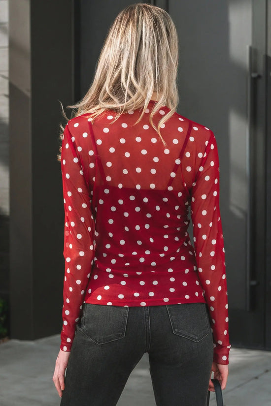 Polka dot mesh bodycon top mock neck long sleeve sheath fit