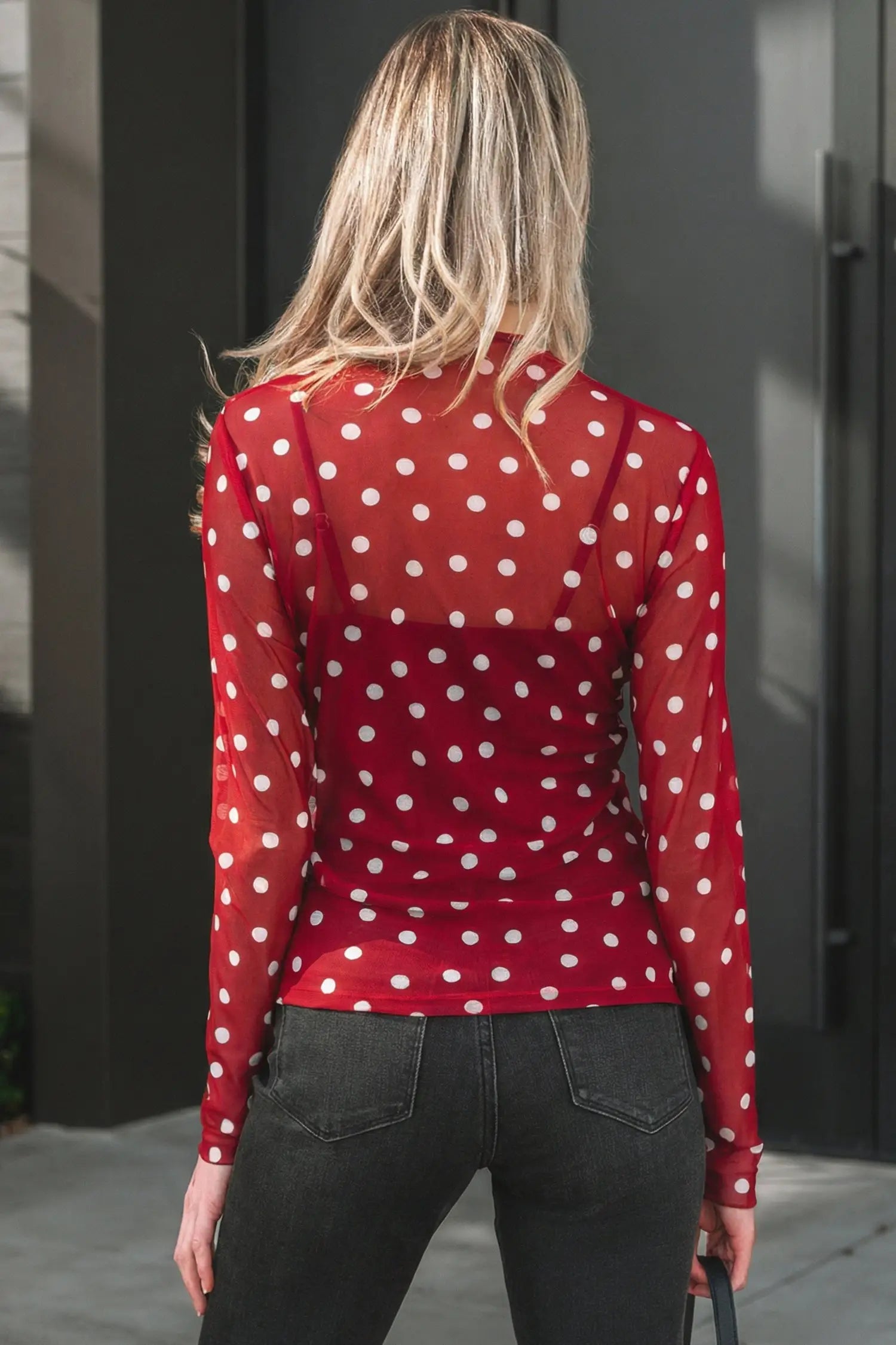 Polka dot mesh bodycon top mock neck long sleeve sheath fit
