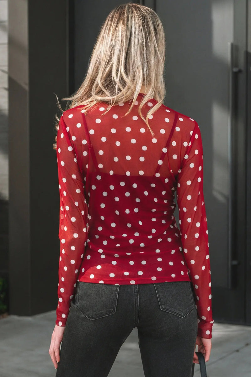 Polka dot mesh bodycon top mock neck long sleeve sheath fit