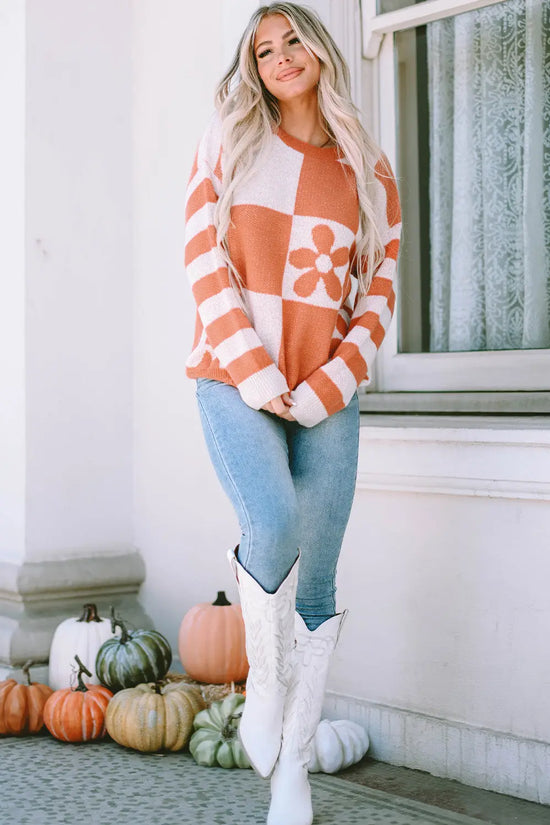 Brown checkered floral print striped sleeve sweater