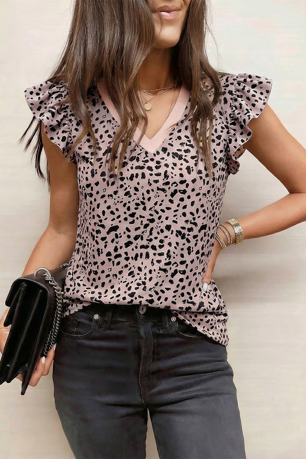 Black Cheetah Print V Neck Ruffle Trim Loose Tank Top Women UK