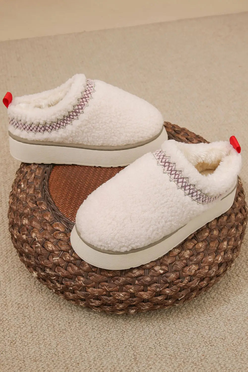 Embroidered sherpa plush winter slippers
