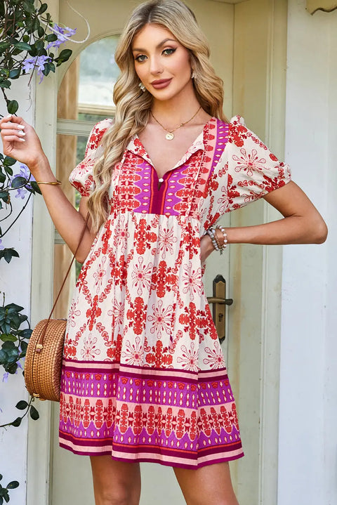 Rose Boho Floral Short Sleeve Lace Up V Neck Mini Dress Women UK