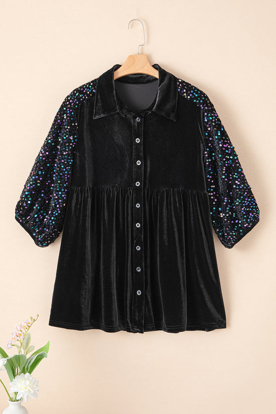 Black Sequin Puff Sleeve Velvet Peplum Shirt