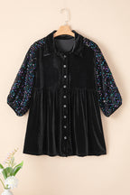 Black Sequin Puff Sleeve Velvet Peplum Shirt