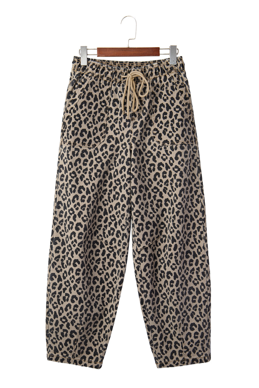 Leopard Print High Waist Drawstring Elastic Waist Loose Denim Jeans with Pockets