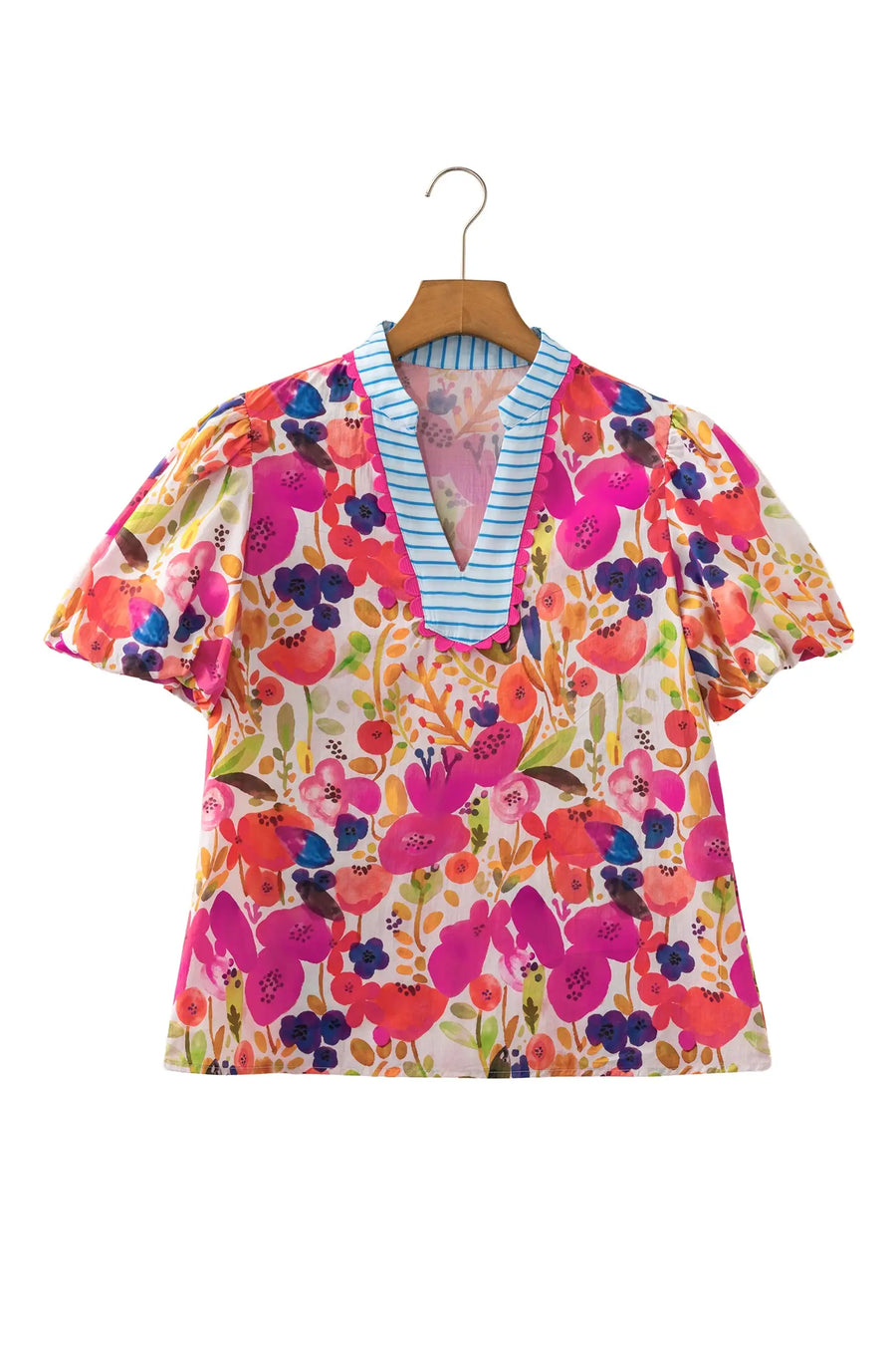Floral Print V-Neck Puff Sleeve Cotton Blouse Women UK