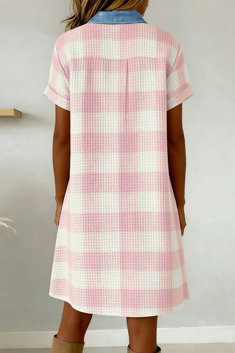 Waffle Plaid Denim Collar Buttoned Mini Dress Women UK