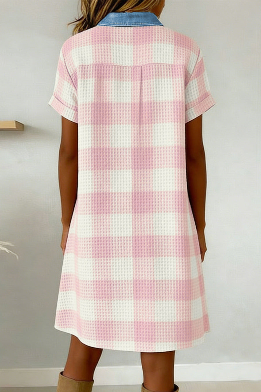 Waffle Plaid Denim Collar Buttoned Mini Dress Women UK