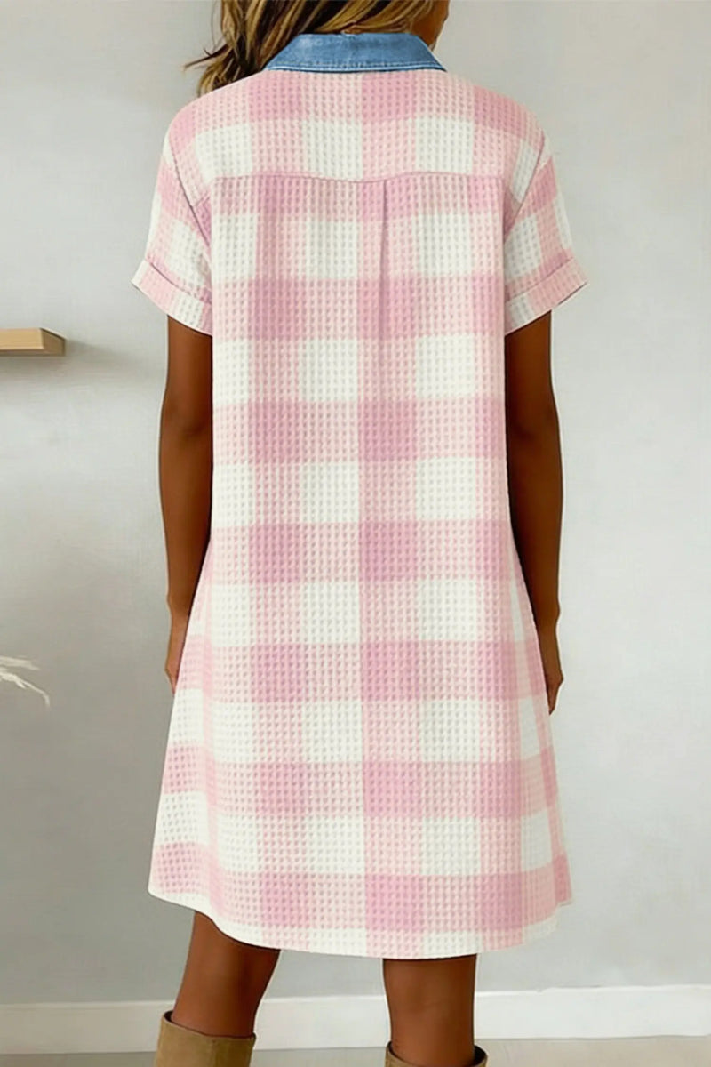 Waffle plaid denim collar buttoned mini dress back view — Fashionfitz UK