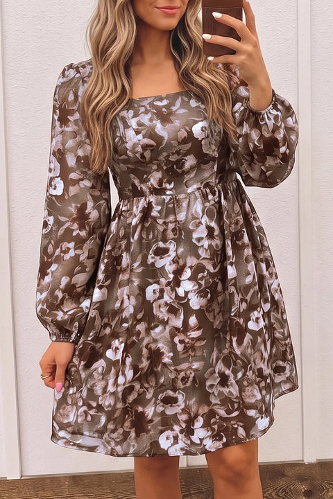 Brown Abstract Floral Square Neck Long Sleeve Mini Dress Women UK