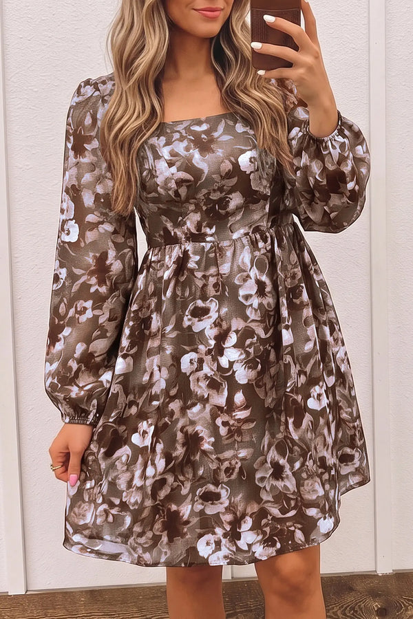 Brown Abstract Floral Square Neck Long Sleeve Mini Dress Women UK