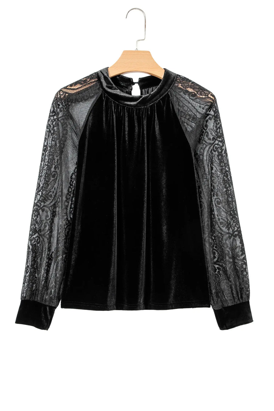 Sheer Lace Velvet Patchwork Stand Neck Blouse Women UK