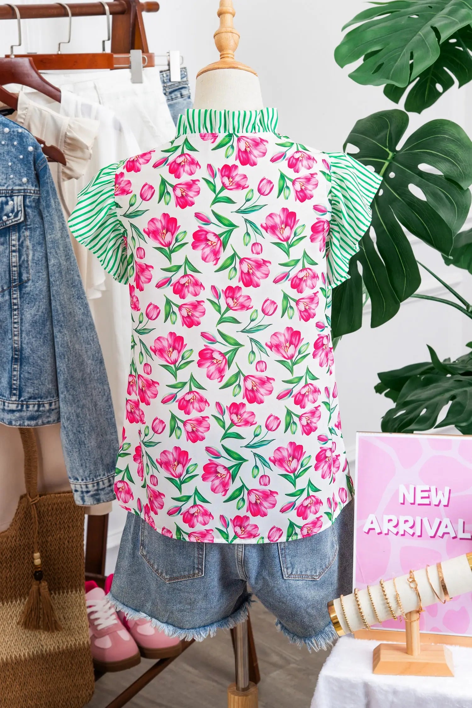 Multicolour sweet floral print striped ruffle trim v neck blouse blouses