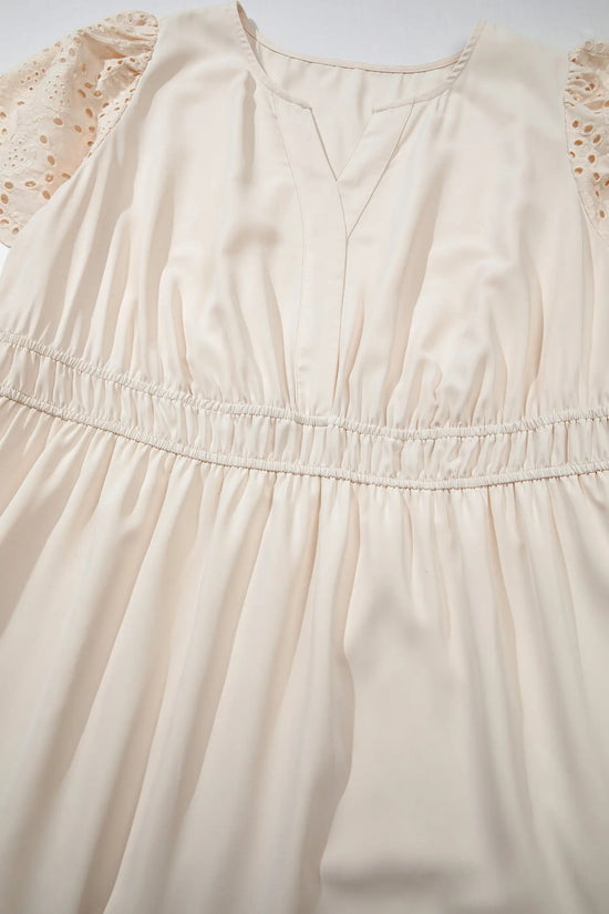 Apricot plus size v neck lacy embroidery patchwork short sleeve maxi dress