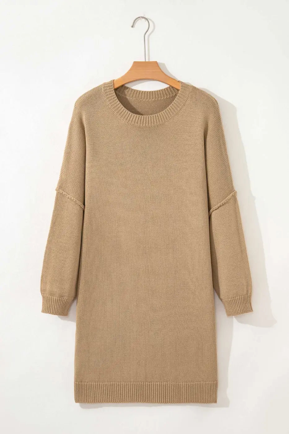 Khaki Oversized Jumper Dress on a hanger against a white background