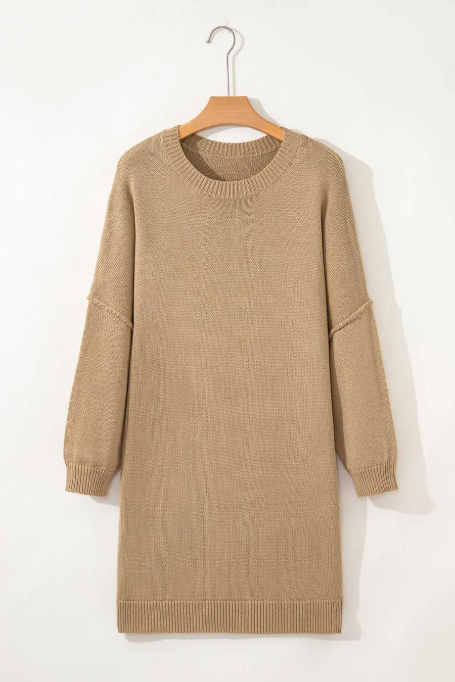 Khaki Oversized Jumper Dress on a hanger against a white background
