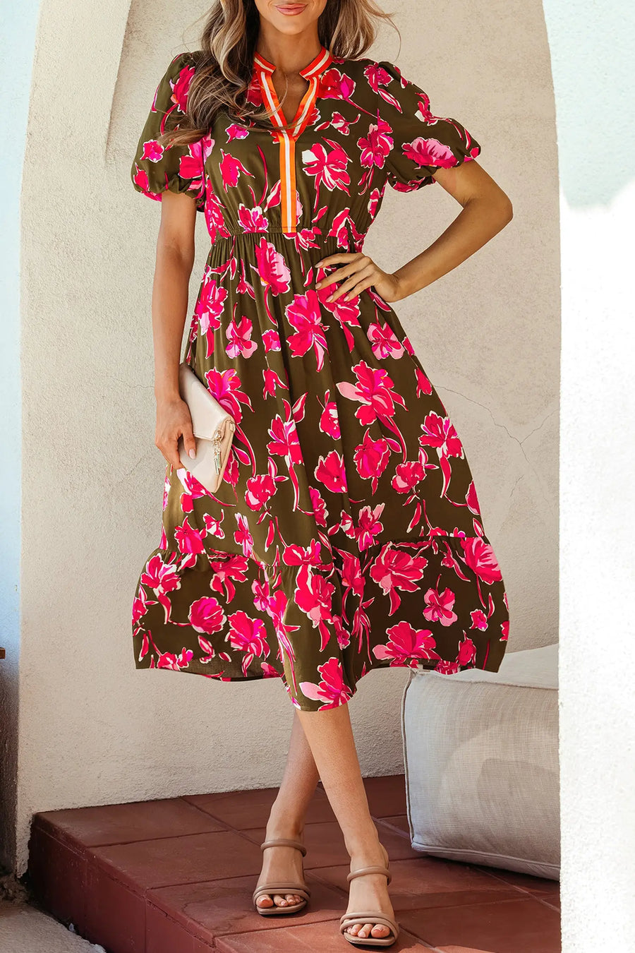 Green Floral Striped Trim Split Neck Puff Sleeve Maxi Dress Women UK — close-up detail