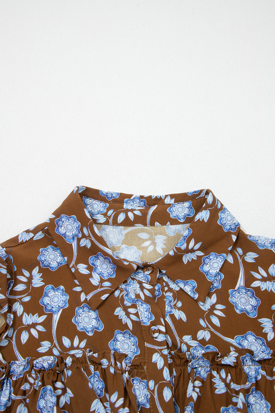 Brown Floral Shirt Collar Button Down Long Sleeve Dress Women UK — close-up detail