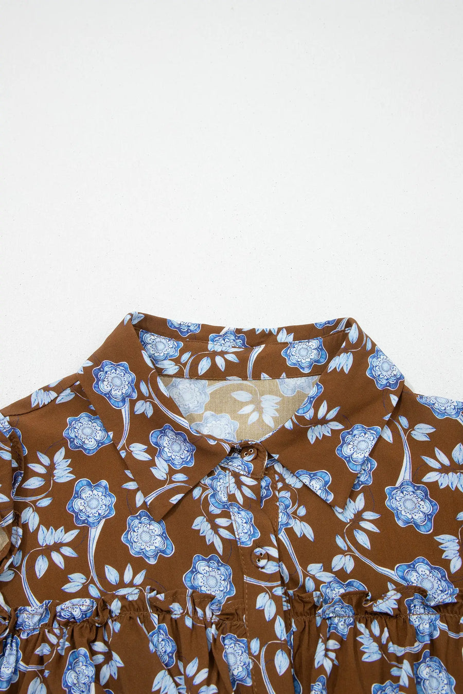 Brown Floral Shirt Collar Button Down Long Sleeve Dress Women UK — close-up detail