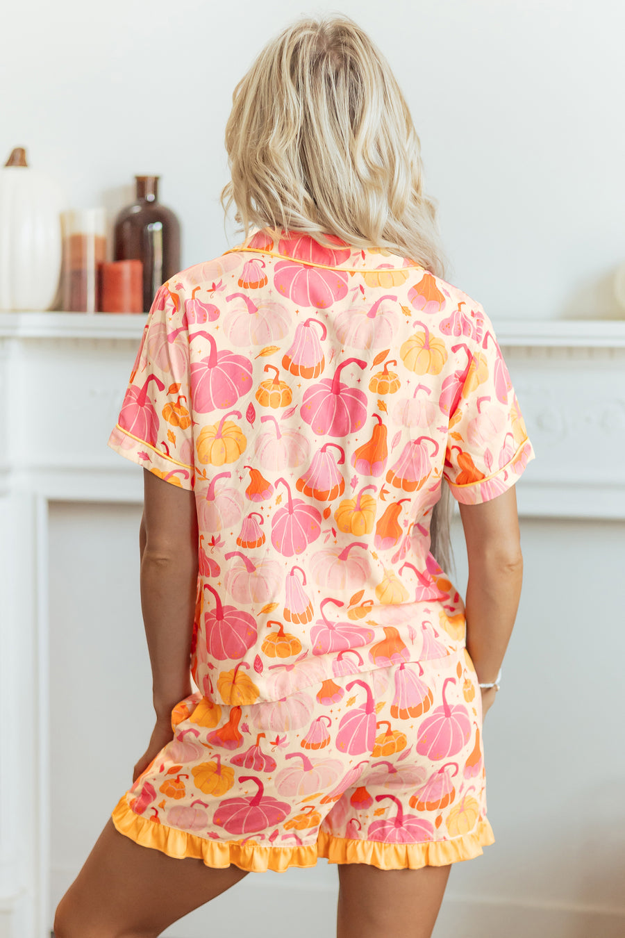 Pumpkin Print Shell Button Short Sleeve Lounge Set Women UK