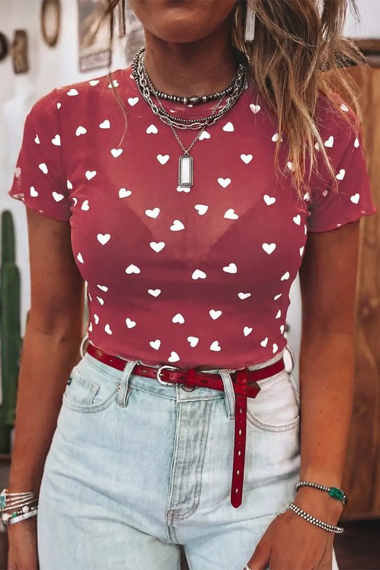 Women’s heart print mesh crop top | fashionfitz
