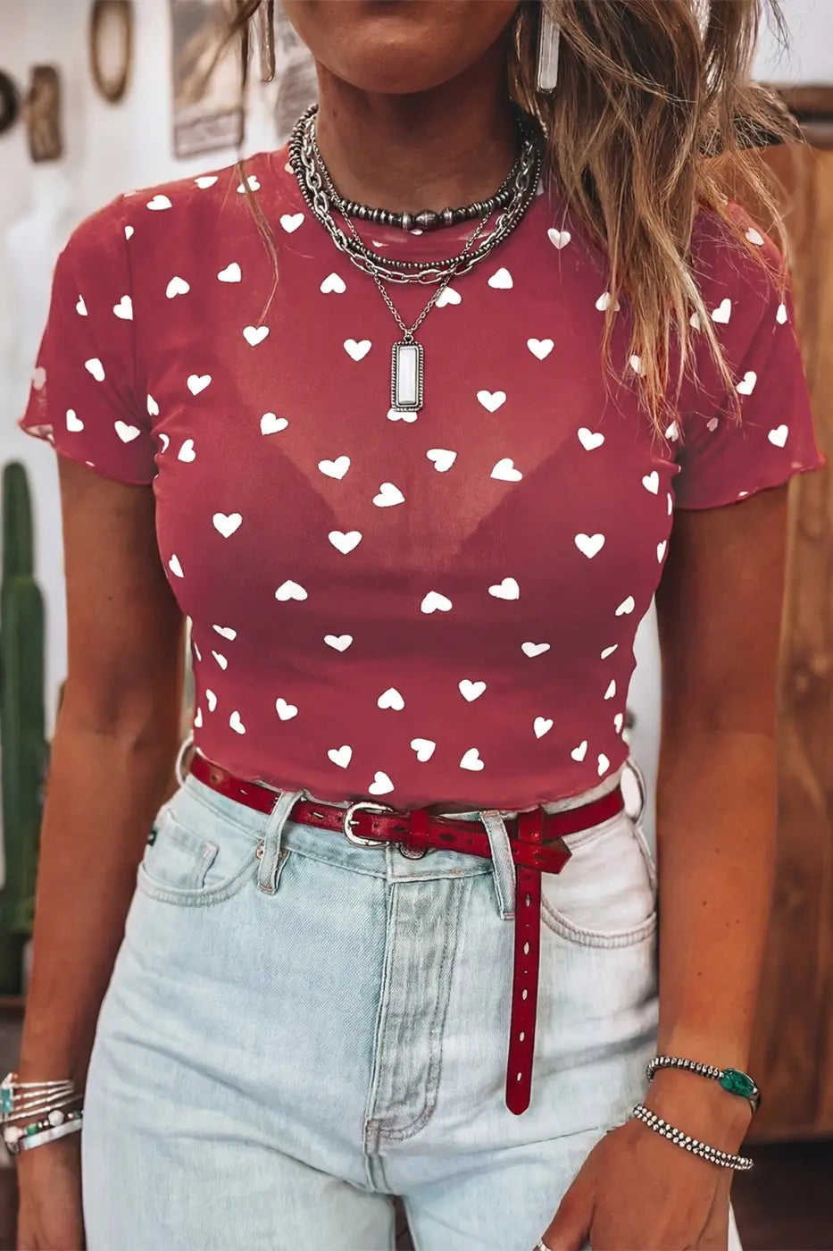 Women’s heart print mesh crop top | fashionfitz