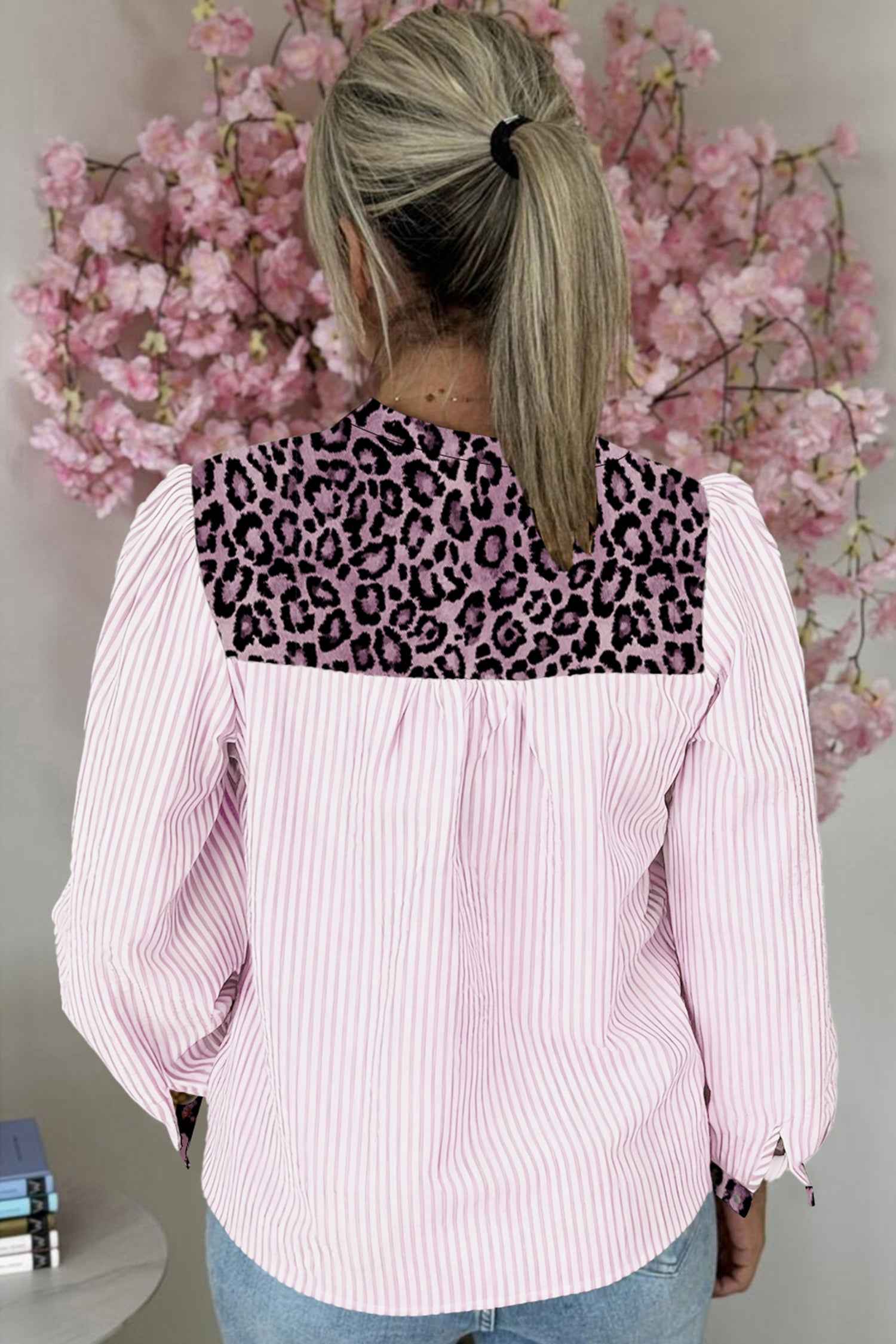 Back view of pink Leopard Pinstripe Contrast Shirt showing leopard print yoke and vertical pink stripes, ideal for spring office wear.