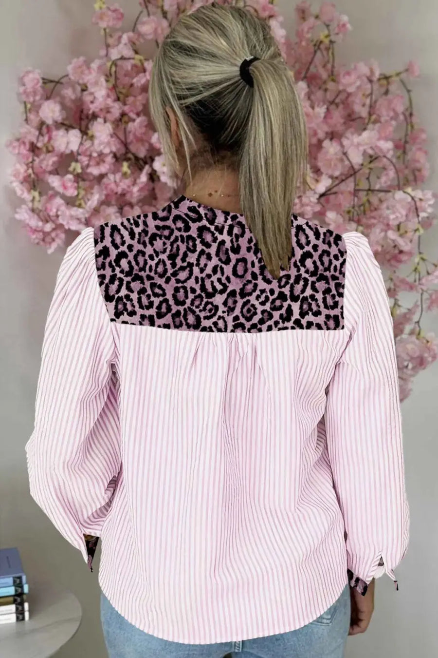 Back view of pink Leopard Pinstripe Contrast Patchwork Shirt showing leopard print yoke and vertical pink pinstripes — Fashionfitz