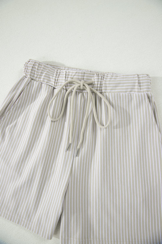 Striped Dolman Sleeve Polo Shirt and Drawstring Shorts Two Piece Set