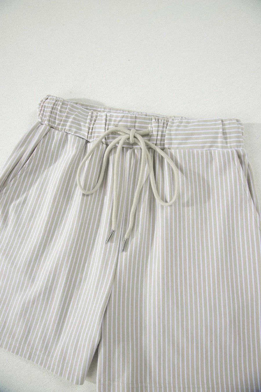 Striped Dolman Sleeve Polo Shirt and Drawstring Shorts Two Piece Set
