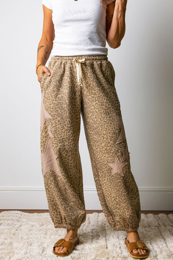 Leopard Star Patch Drawstring Jogger Pants Women UK