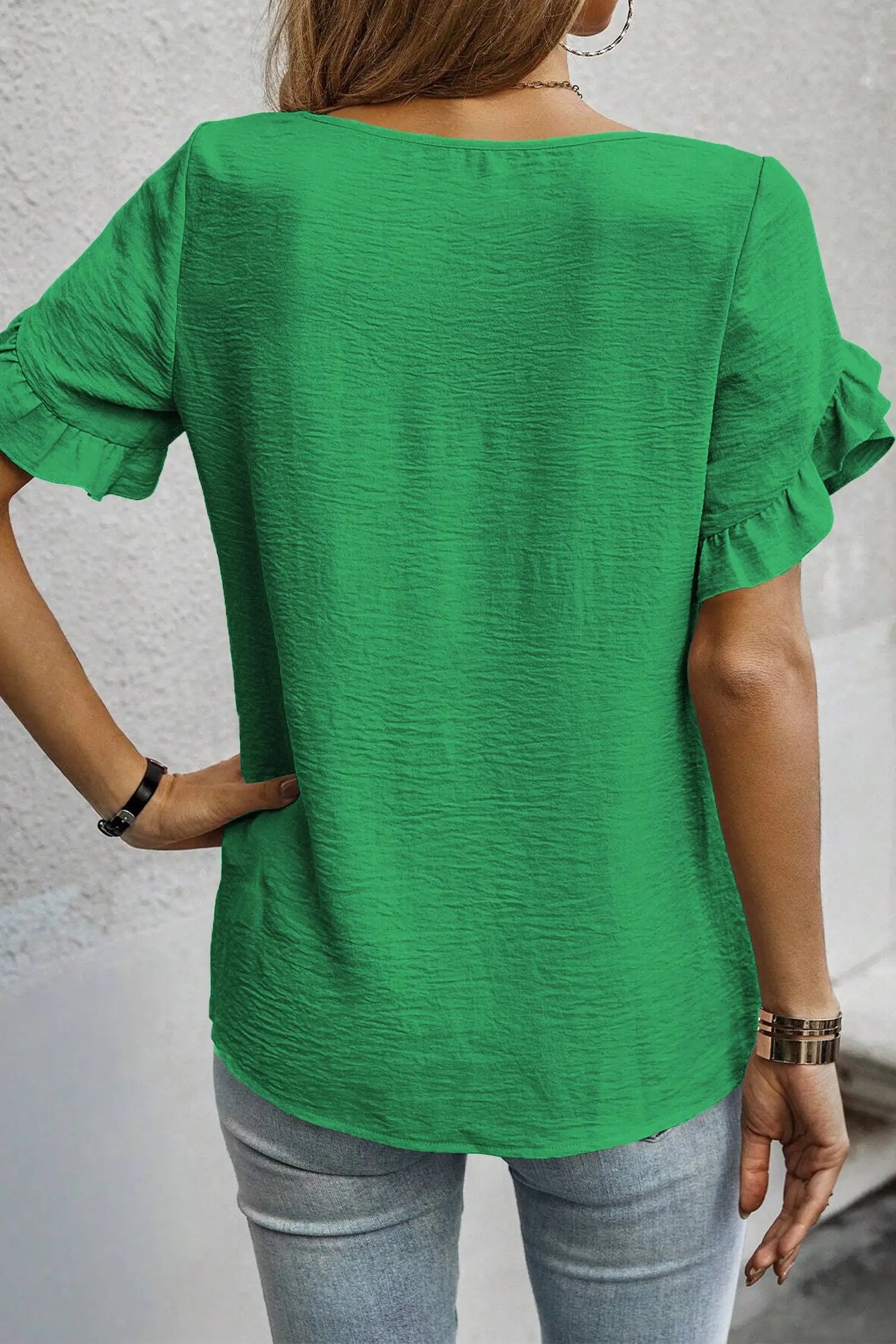 Ruffle trim round neck blouse | fashionfitz