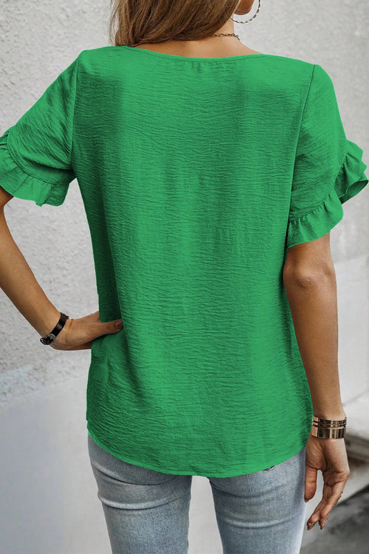 Ruffle trim round neck blouse | fashionfitz