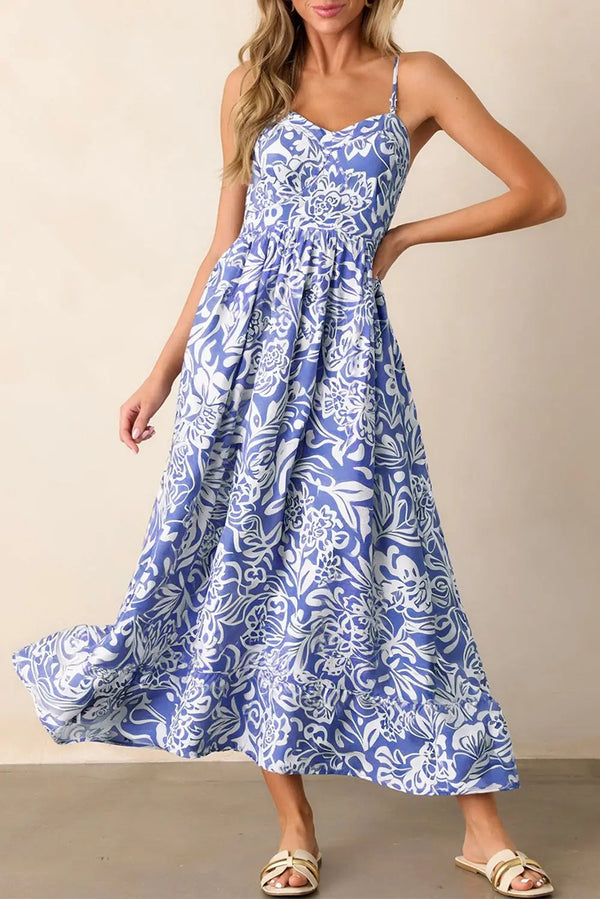 Sky Blue Floral Spaghetti Strap High Waist Maxi Dress Women UK