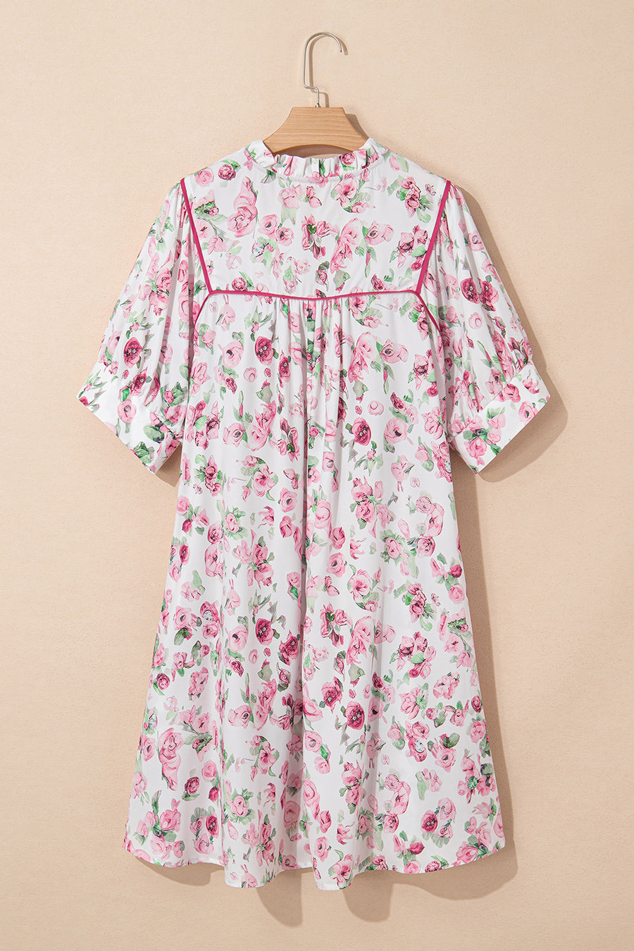 Pink Floral Split Neck Loose Plus Size Mini Dress Women UK